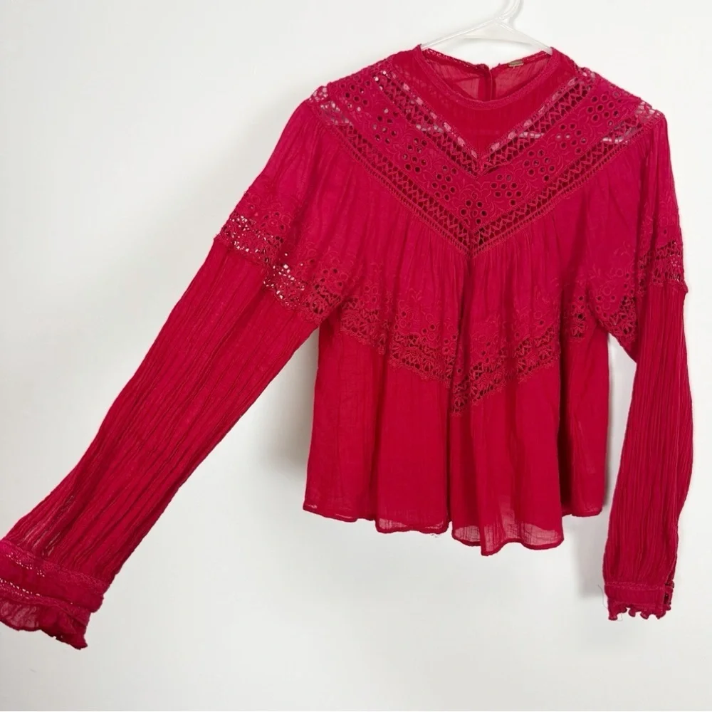 Free People Abigail Top Womens Size XS Red Eyelet Victorian Shirt Back Button